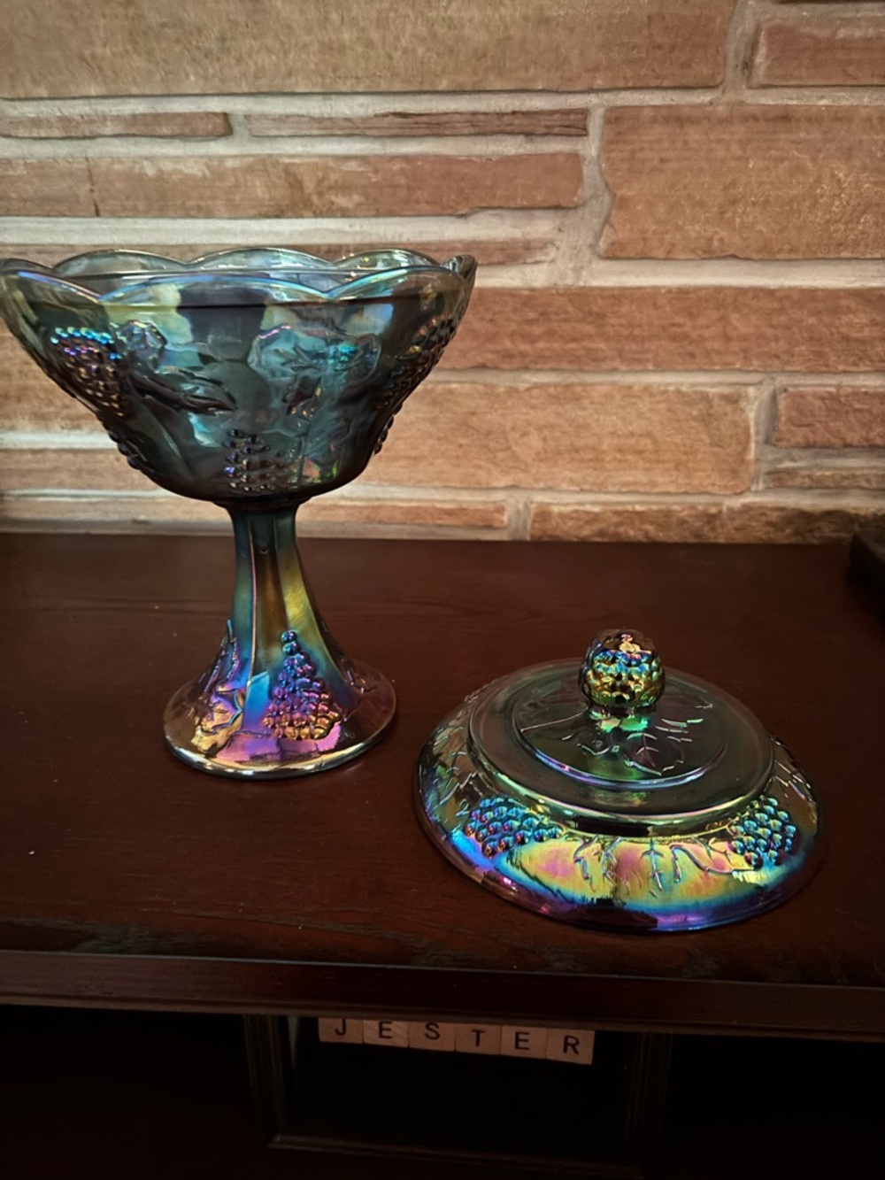 Beautiful Vintage Carnival Glass Compote with Lid - Blue-Green Accent
